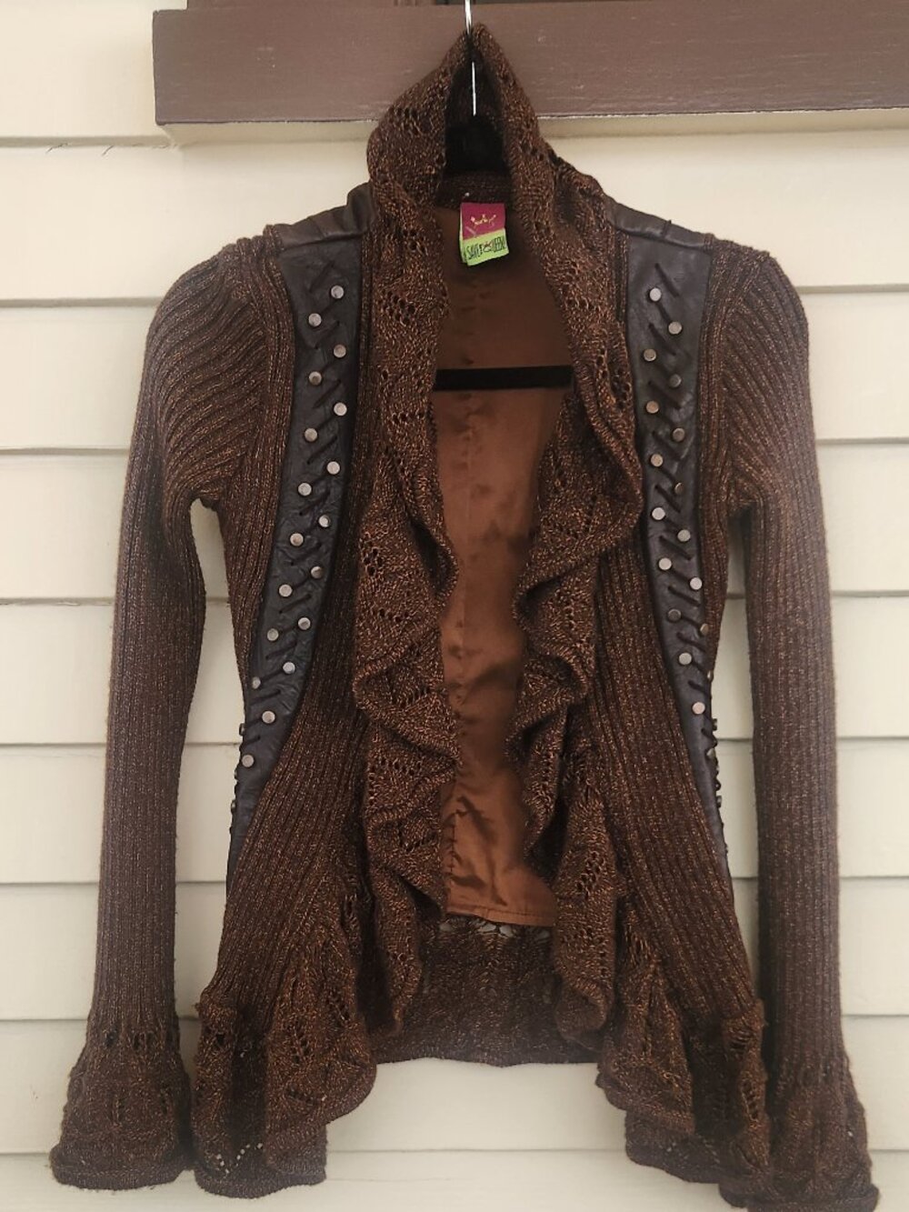 Save The Queen Knit Hooded Cardigan Sweater Brown Wool Blend S EUC